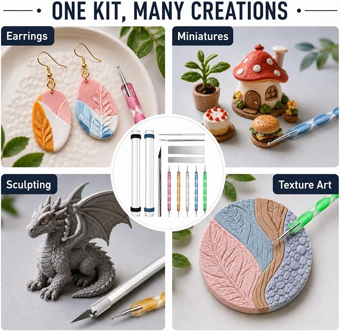 DIYOOHOMY 18 Pcs Polymer Clay Tools Kit, Rolling Pin with Thickness Rings | Air Dry Clay Jewelry Earring Making Set Sculpting, Small Acrylic Roller, Dotting, Tissue Blades Cutters Craft Knife, Needle