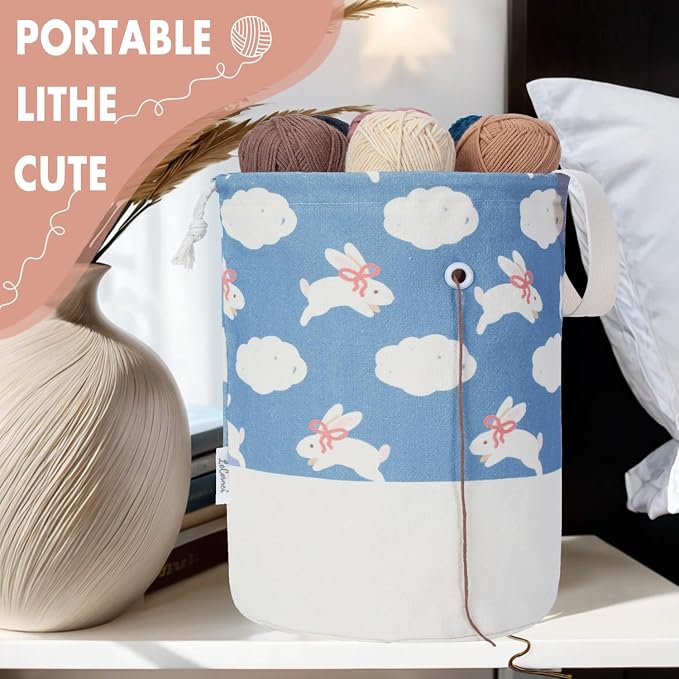 Yarn Bag, Small Crochet Bag Organizer, Drawstring Yarn Storage Knitting Bags, Portable Mini Yarn Holder for Crocheting Project, Store Skein Ball, Needles Accessories (Blue Rabbits, Large)