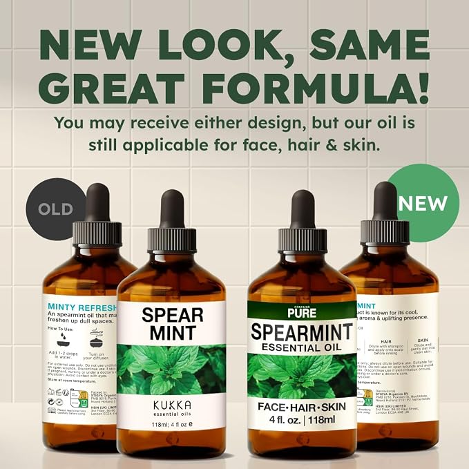 Kukka 100% Pure Spearmint Essential Oil for Skin, Diffuser, 4 Fl Oz | Undiluted Mint Oil for Face and Skin Care, Diffuser, Aromatherapy, Massage - Natural Mentha Spicata