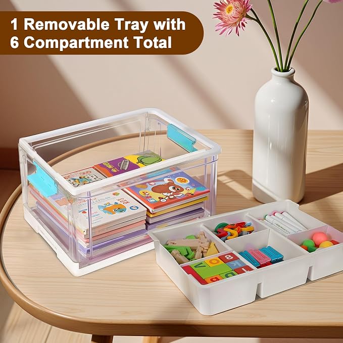 24QT Clear Plastic Craft Organizers and Storage, Art Supply Organizer with Removable Tray and Dividers, Craft Supplies Organizer with Handle, Arts and Crafts Bin for Sewing, Coloring Book, Crayon