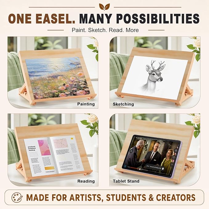 13.8"x11.4" Wooden Tabletop Easel with Paint & Sketch Papers, Masking Tape | Adjustable Art Easel Stand with 3 Angle Settings, Drawing Board for Canvas Painting, Sketching, Book Reading, Tablet Display