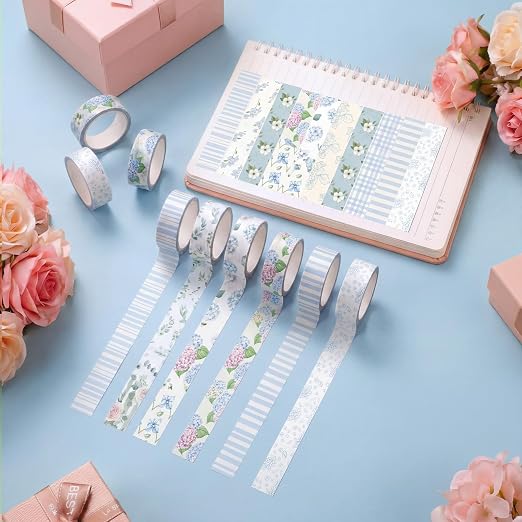 12 Rolls Floral Washi Tape Set,Light Blue,Hydrangea | Watercolor Flowers Design for Scrapbook Journal DIY Craft School Supplies, 15 mm Vintage Decorative Masking Washi Tapes