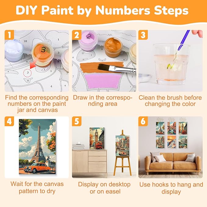 KEYIFA 6 Pack Paint by Numbers Kit, Stretched Canvas Boards for Painting for Adults, No Crease Acrylic Oil Painting for Students Beginners Favor Sip & Paint Party Supplies, Vintage Cityscape (8x12)