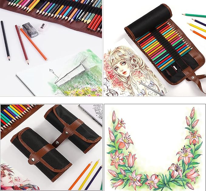Heshengping Sketching Drawing Art Pencil Kit-50 Piece Set with 24 Color Pencils for Coloring Books, 14 Graphite 3 Charcoal Erasers Etc., Artist Supplies Ideal for Adult, family friend, Beginner