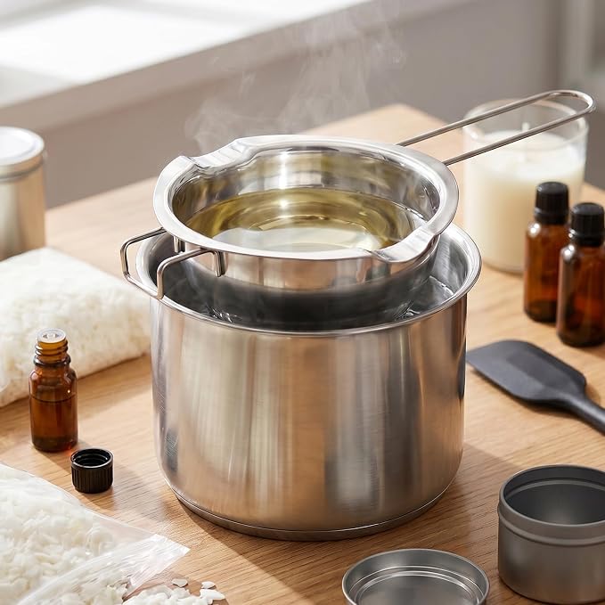 Double Boiler Pot for Melting Wax, Stainless Steel Candle Making Kit with Silicone Spatula, Thermometer & heat-resistant mat for Soap Chocolate DIY Crafts(1000ml+400ml)