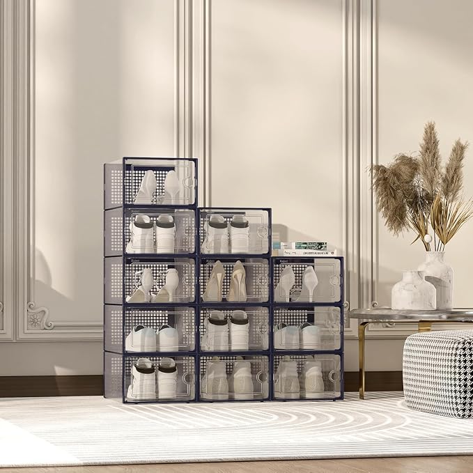 Kuject X-Large Shoe Storage Boxes 12 Pack, Clear Stackable Shoe Organizer