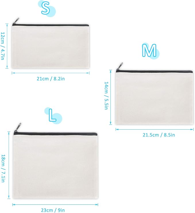 12 Pieces White Cotton Canvas Makeup Bag, Multipurpose Cosmetic Bag with Zipper Travel Toiletry Pouch, Blank DIY Craft Bag (White, L)