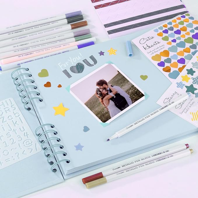 Gotideal 80 Pages Scrapbook Album with 10 Metallic Markers, Blue | Craft Paper Photo Album for Wedding and Anniversary, Family DIY Scrapbook Accessories with Scrapbooking Stickers Corners