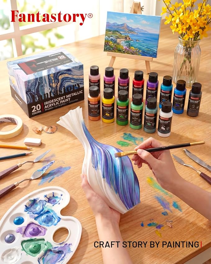 Fantastory 60ml 20 Colors Metallic Acrylic Paint Set with 12 Brushes | Professional Series, Color-Shifting, Perfect for Metal, Canvas, Rock, Stone, Ceramic, Model, Wood Painting