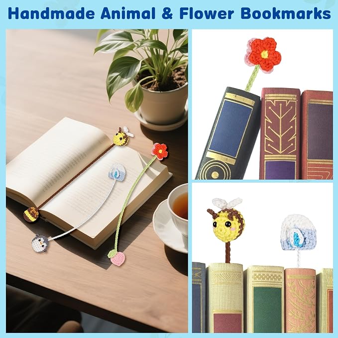 WaldyWop Crochet Kit for Beginners: 3 Animal Bookmarks Craft Kit,Women Gift