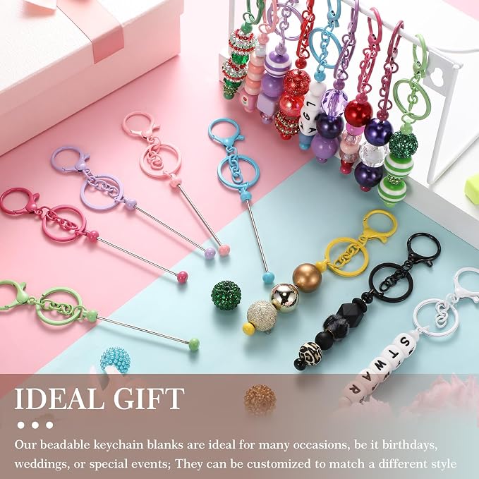 Tondiamo 12 Pcs Beadable Keychains Bars Bulk Blank Beaded Metal Keychain for Craft DIY Gift