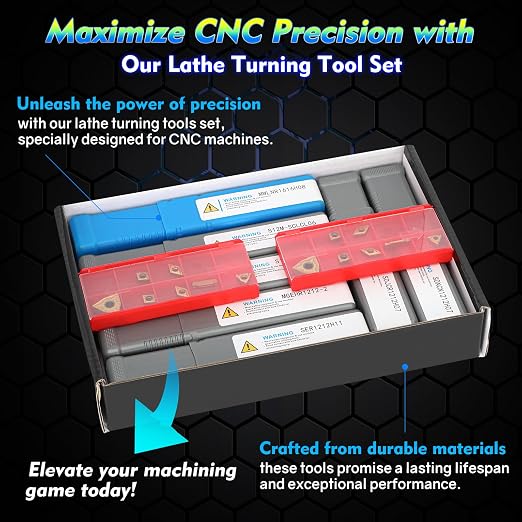 Indexable Lathe Turning Tool 21Pcs Kit 1/2'' 12mm Shank 7Pcs Carbide Turning Tool Holders with 14Pcs Tin Coated Turning Inserts Metal Lathe Tool Holder Set for Turning Grooving Threading Boring
