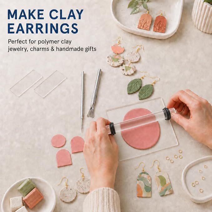 DIYOOHOMY 16pcs Polymer Clay Tools kit, Rolling Pin with Thickness Rings | Air Dry Clay Sculpting Supplies, Small Clear Craft Acrylic Roller, Tissue Blades Cutters Knife, Press Board, Texture Needle