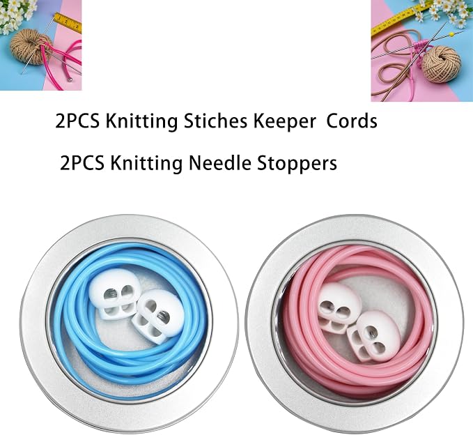 MEYAGO 2PCS PVC Knitting Stitches Holder Barber Cord Stitch Markers Knit Stiches Keeper PVC Knitting Cords with Knitting Needle Stoppers in Storage Tin