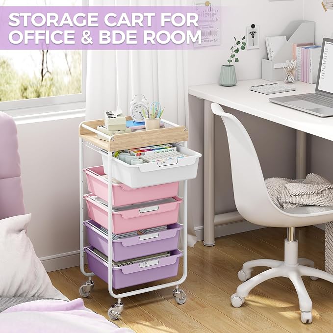 SYKIARIOL Utility Cart with 5 Labeling Drawers and Wooden Tabletop,Purple | Rolling Storage Cart for Crafters, Artists, Kids, Teachers, and Students – Organize Arts, Crafts, Sewing & Study Supplies