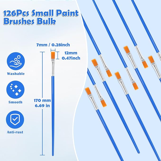 Evatage 126 Pcs Mini Paint Brushes Bulk, Small Flat Tip Paint Brushes | Tiny Disposable Paint Brushes Set for Acrylic, Watercolor, Oil, Crafts, Art Classroom, Canvas, Touch Up, Model, Face Painting