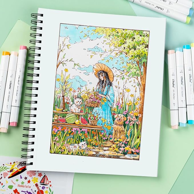 Ohuhu 9"x12" Double-Sided Bleedproof Marker Pad Art Sketchbook 60 Sheets | Large Sketch Book - 90 LB/150 GSM Smooth Drawing Paper - 60 Sheets/120 Pages - Spiral-Bound Sketch Pad for Alcohol Markers