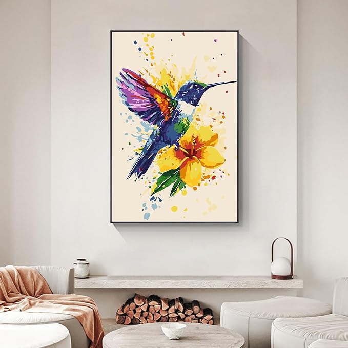 Framed Paint by Numbers Kit for Adults Beginner & Kids Ages 8-12, Hummingbird Paint by Numbers With Frame, DIY Watercolor Number Painting for Adults Hummingbird for Home Wall Decor Gift 8x 12 inch | For Adults Beginner & Kids Ages 8-12, With Frame Canv...