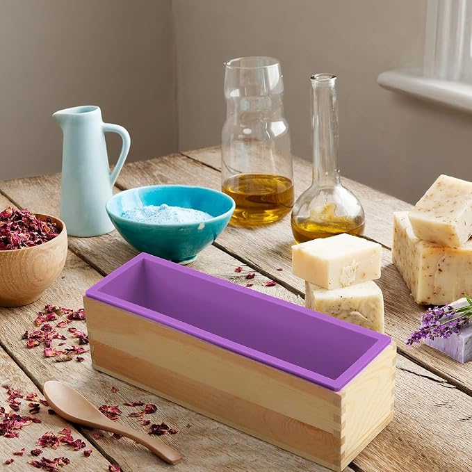 3PCS 47oz Silicone Soap Kit, Purple Rectangular Silicone Loaf Soap Making with 3 Wooden Boxes and 3 Lids, DIY Supplies for Soap Making