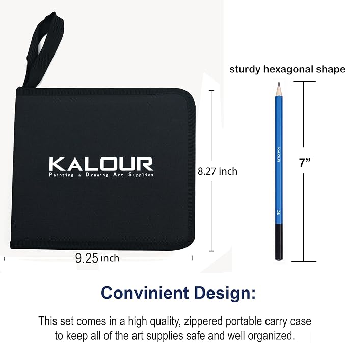 KALOUR 33 Pro Drawing Kit Sketching Pencils Set,Portable Zippered Travel Case-Charcoal Pencils, Sketch Pencils, Charcoal Stick,Sharpener,Eraser.Art Supplies for Artists Beginner Adults Teens