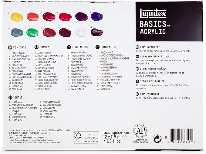 Liquitex BASICS Acrylic Paint Set, 12 x 118ml (4-oz) Tube Paint Set | Medium Viscosity, Satin Finish, Lightfast, Fine Art Pigments, Range of Opacities, Easy Blending