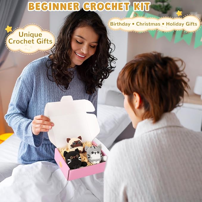 Crochet Kit for Beginners, Cat Crochet Kit for Adults Beginner | Complete DIY Crochet Starter Kit with Step-by-Step Video Tutorials, Easy Knitting Kit Cat Crochet Gifts