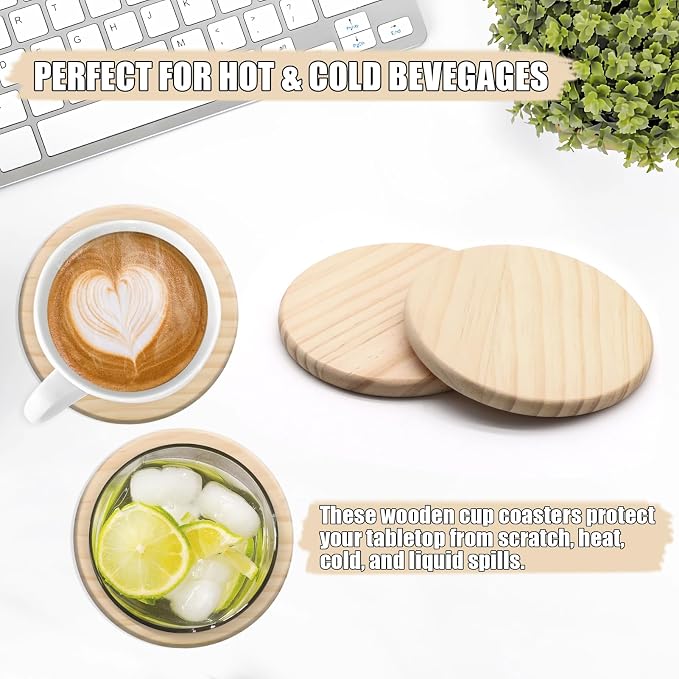 24 Pack 4 Inch Unfinished Round Wood Coasters with Non Slip Pad