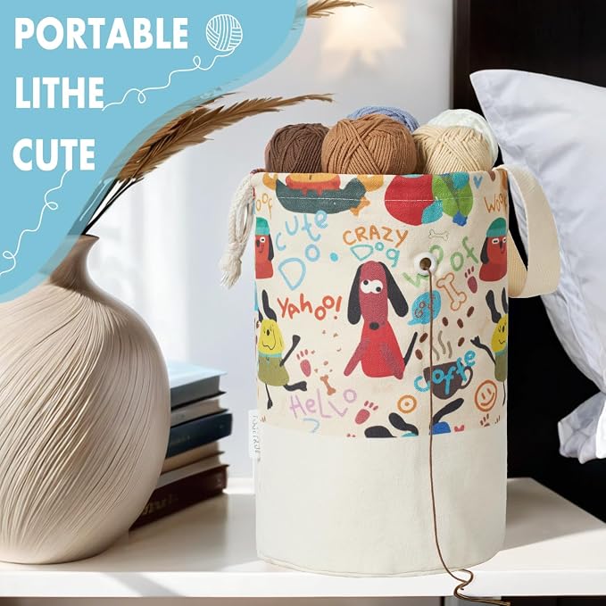 Yarn Bag, Small Crochet Bag Organizer, Drawstring Yarn Storage Knitting Bags, Portable Mini Yarn Holder for Crocheting Project, Store Skein Ball, Needles Accessories (Colorful Dogs, Large)