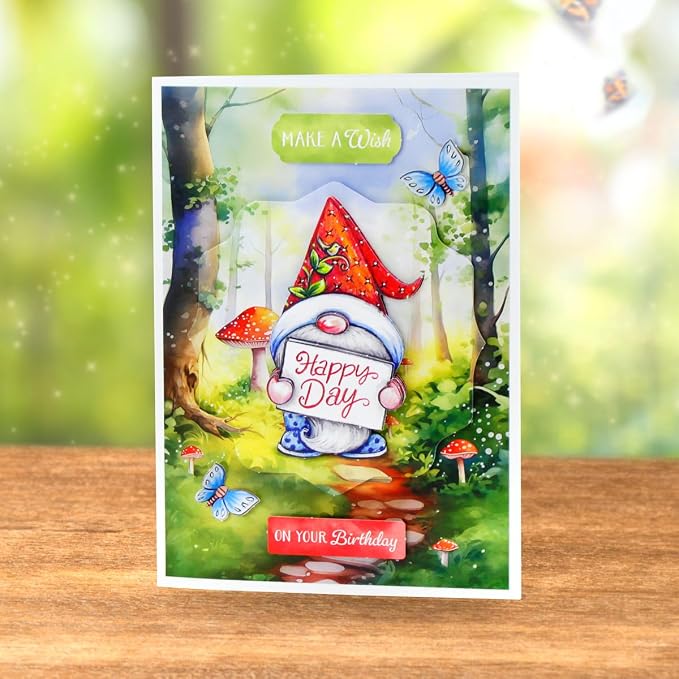 Katy Sue The Garden Gnomes Card Making Kit. Makes 8 Cards at 5 x 7 Inches. Contains Gnome Die-Cut Decoupage, Background Scenes, Cards, Envelopes & Foam Pads for Card Making Supplies. UK-Made.