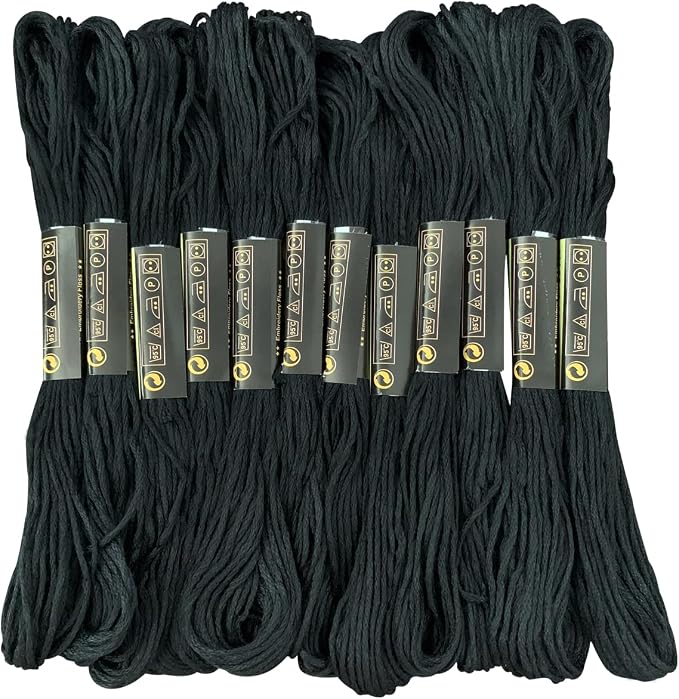 12 Skeins Embroidery Floss Black Color, Friendship Bracelet String Cross Stitch Embroidery Thread Floss Bracelet Making Yarn, Craft Floss(Black)