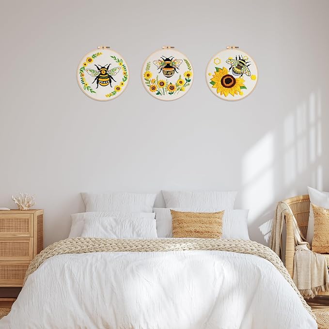 Nuberlic 3 Pack Embroidery Kit for Beginners with Bee Pattern