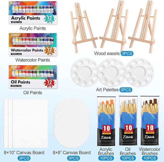 ESRICH 3 Set Acrylic Painting Kits for Adults Couples Date Night | Sip and Paint Kit for Date Night and Crafts, Oil, Watercolor & Acrylic Paint,Canvas and Easels, Palettes, Brushes