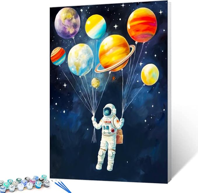 Astronaut Holding Planets Balloons DIY Paint by Numbers for Adults Outer Space Astronaut DIY Digital Oil Painting Acrylic Paint Graffiti Painting Kits Canvas Pop Art Decor 16x20 Inch (DIY Frame )