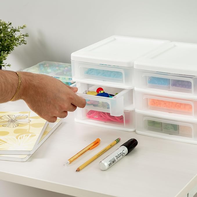 IRIS USA 2-Pack, 3-Drawer Small Plastic Stacking Desktop Organizer, White