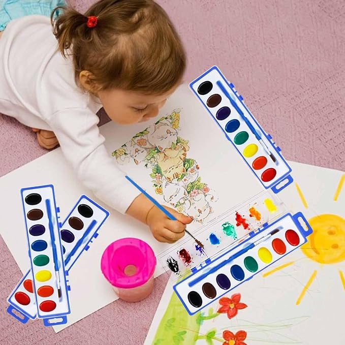 60 Pack Watercolor Paint Set Bulk – 8 Colors Washable Watercolor Paints with Brushes for Kids | Watercolor, Water Color, Acuarelas, Water Paint Set – Ideal for Classroom, Parties, Kindergarten, Art Activities.