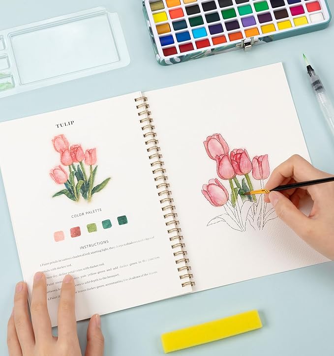 Watercolor Workbook, Water Coloring Book, 12 Different Patterns of Original DIY Designs, 50 Colors Watercolor Paint Set with Palette and Brush, Beginner-Friendly Watercolor Workbooks (Bouquets)