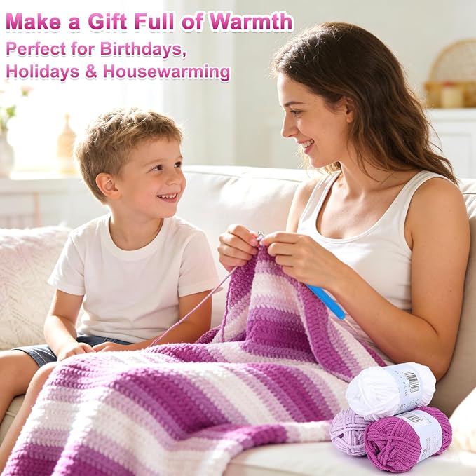 Reessy Crochet Blanket Kit for Beginners Adults – Gradient Purple Ombre Throw Blanket Kit with Soft Chenille Yarn, Hooks & Instructions – Handmade Crochet Starter Set for Adults