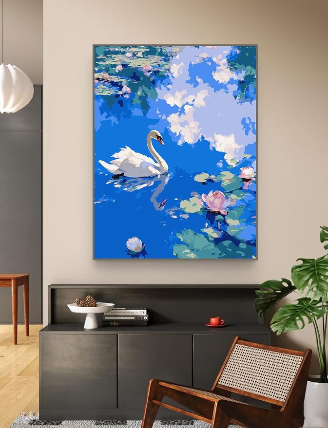 ZRIZQ Paint by Numbers Kit for Adults Beginner Animal,Swan,16x20 | Full set with wooden brushes,rolled canvas,rich paints.Calming activity.Beginner friendly.Just open and paint.