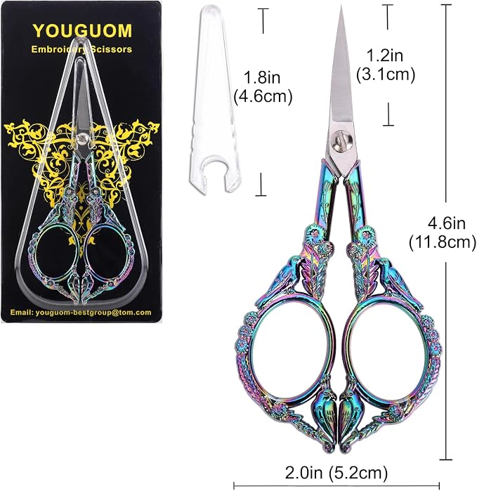 YOUGUOM Sewing Embroidery Scissors, Small Craft Shears with Cover | Sharp Tip, for Crochet, Needlework, Yarn, Cross Stitch, Quilting Tools, Detail Thread Snips, 4.6in, Rainbow Cute Bird
