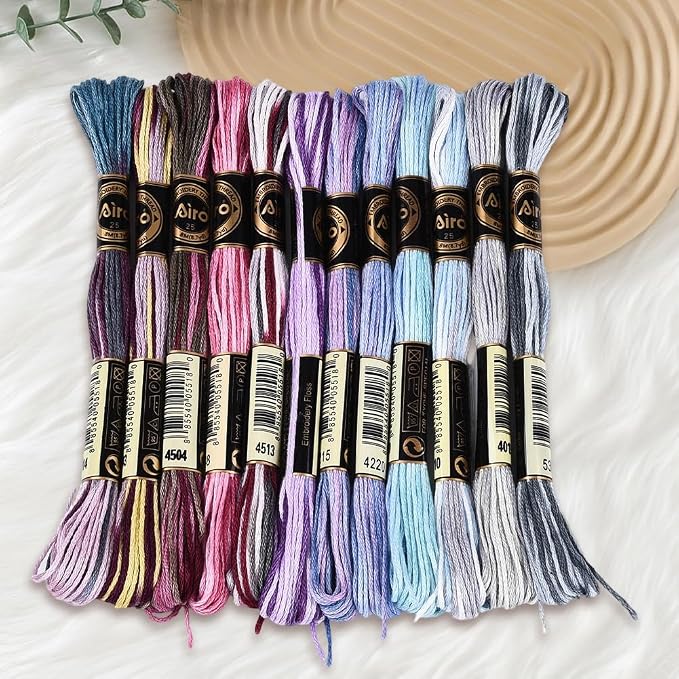 12 Skeins 105 Yards Cross Stitch Floss Variegated Embroidery Thread Bulk 6 Ply Polyester Colorful Purple Friendship Bracelet String for Sewing Making Needlecraft Knitting Clothes Stitching