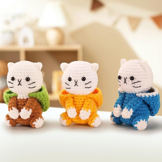 Crochet Kit for Beginners, 3 Pack Duck Cat Crochet Kits with Step-by-Step Video Tutorials, Beginner Crochet Kit for Adults, Crochet Animal Kit for Starters, DIY Craft Gift for Cat Lover