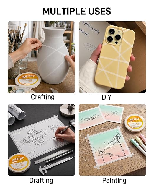 JusArt 3 Pack Artist Tape for Watercolor Paper, 1/4 inch Wide | Total 600FT Long, for Masking, Painting and Crafting, White Art Tape, Acid Free, Low Tack