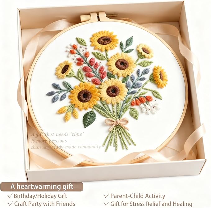 Sunflower Embroidery Kit for Beginners - All in One DIY Cross Stitch Starter with Hoop, Pre-Printed Fabric, Embroidery Threads, Needles,Perfect Craft Gift for & Home Decor