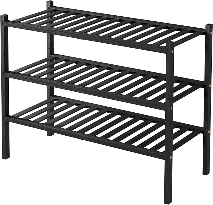 ROMGUAR CRAFT 3 Tier Bamboo Shoe Rack for Closet Free Standing Wood Shoe Shelf Storage Organizer for Entryway Small Space Stackable 27"x11"x20" (Black) (Pack of 2)