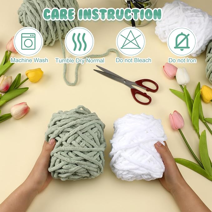 Buryeah 8 Pack Chunky Chenille Yarn for Crocheting, White, Green