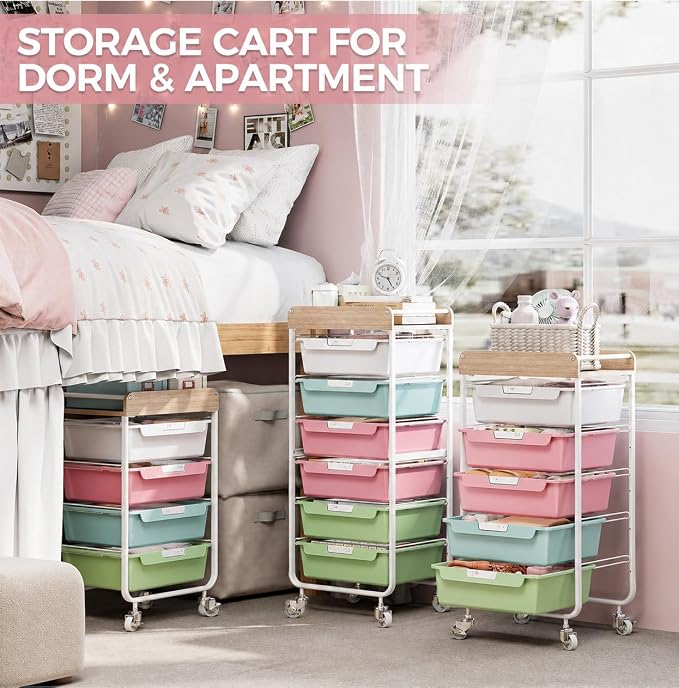 SYKIARIOL Rolling Craft Storage Cart with 4 Drawers,Kid Craft Cart,Colorful | Utility Cart with Drawers,Art Craft Organizers and Storage,Kids Art Cart With DIY Lable and Wooden Tabletop Area