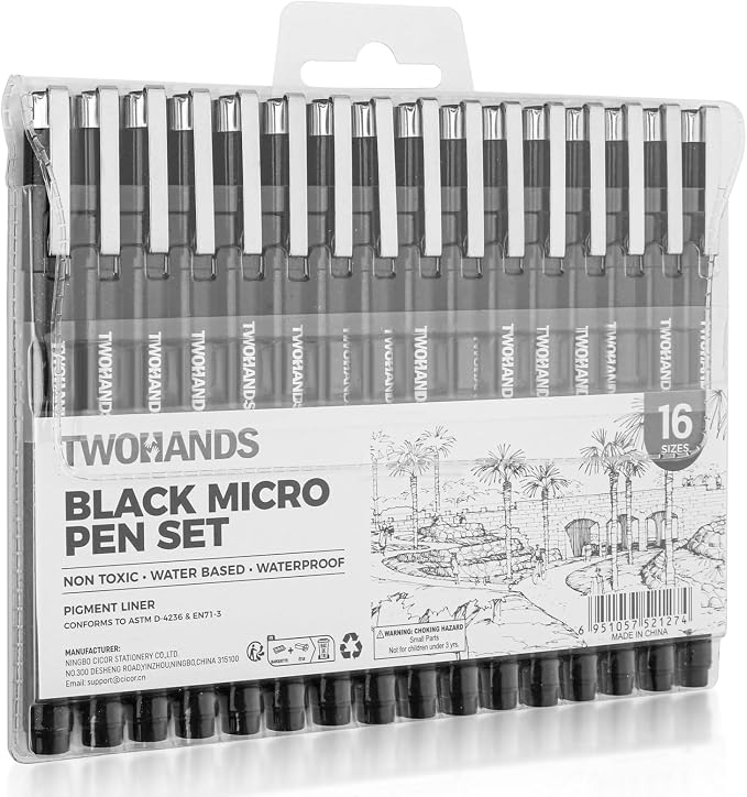 TWOHANDS Art Pen Drawing Marker Pens Fineliners, Set of 16, Black | Technical Drawing Marker, Pigment, For Art Watercolor, Sketching, Anime, Manga,21274