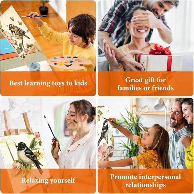 LWZAYS 4 Pack Bird Paint by Numbers Kit for Adults with Frame, Vintage Paint by Number for Adults Beginner with Wooden Easel, DIY Painting by Numbers Canvas Framed for Home Decor 8 x 12 Inch