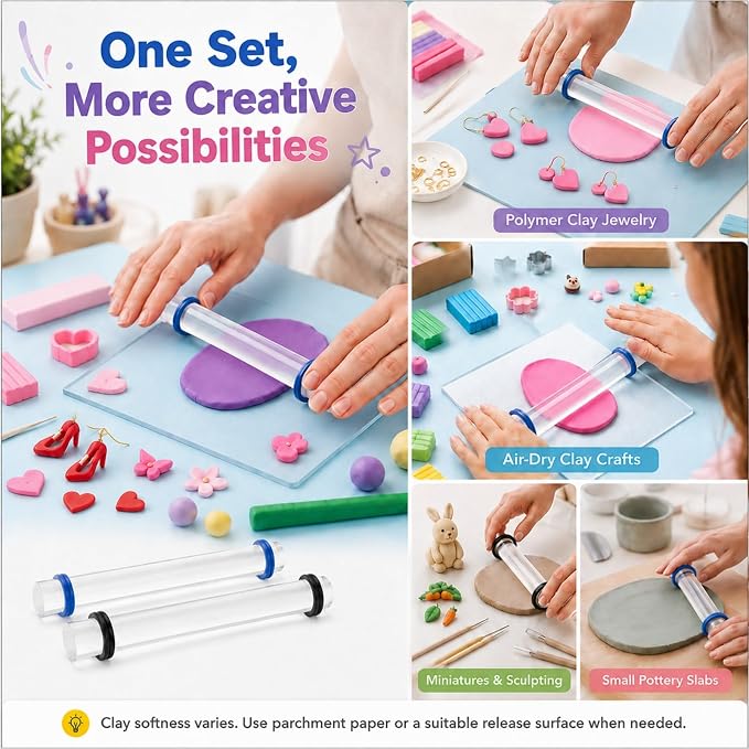Diyoohomy Clay Rolling Pin Thickness Rings, Acrylic Roller Polymer Tools | Air Dry Clay Supplies Kit, Small Clear Roller with 3 and 5 Mm Adjustable Guides for Sculpting, Shaping, Jewelry Making Crafts