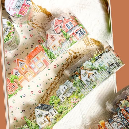 Town Landscape PET Tape Scrapbook Supplies Vintage Town Building Decorative Tape Scrapbook Stickers Aesthetic House Building Washi Tape Stickers For Scrapbooking Junk Journal Journaling Supplies